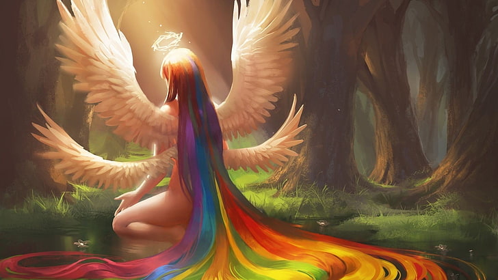angel kneeling on forest digital wallpaper, fantasy art, rainbows