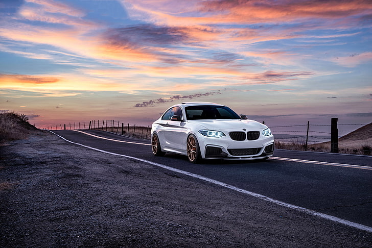 Hd Wallpaper Bmw Car Front Sunset White Sunrise Mountains Road Wheels Wallpaper Flare