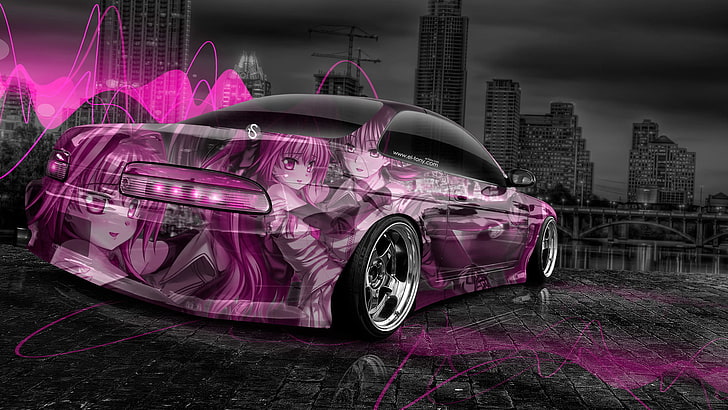 HD wallpaper: purple and black coupe with anime sticker, Design, Pink, Neon  | Wallpaper Flare
