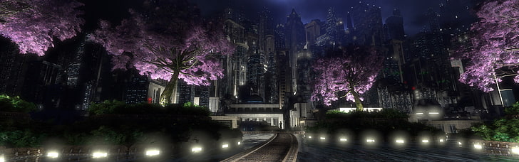 purple flowering trees, multiple display, cityscape, night, dark