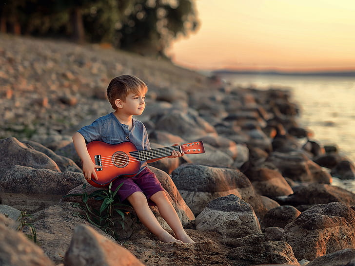 nature, stones, shore, guitar, boy, guitarist, child, Victoria Dubrovskaya, HD wallpaper