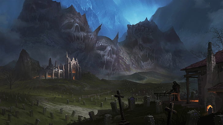 Dark, Landscape, Graveyard, Grim Reaper, Skull