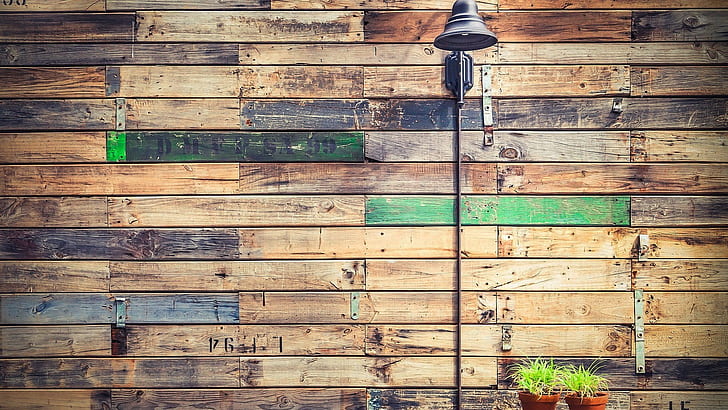 wooden surface, wall, nails, metal, planks, flowerpot, numbers, HD wallpaper