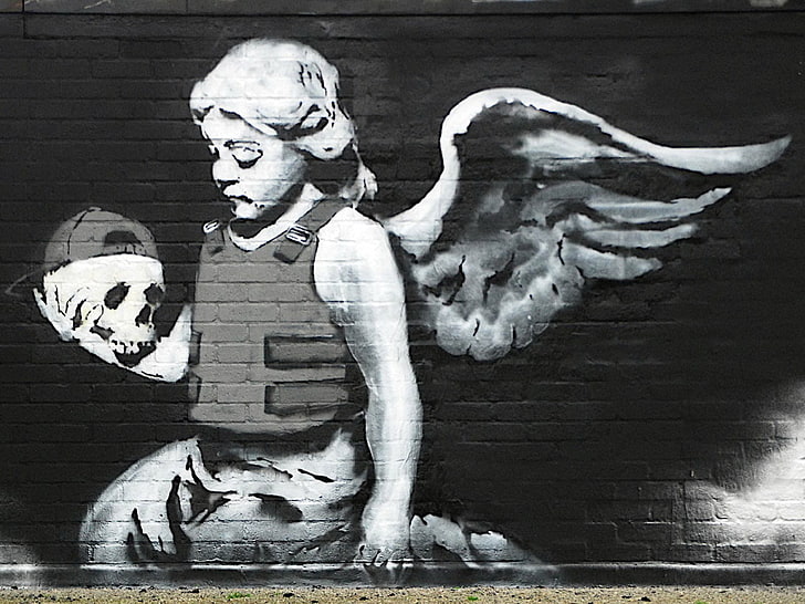 angel wearing bulletproof vest while holding skull giraffe, graffiti