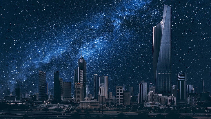 Kuwait, night, stars, city, tower, Dubai, building exterior, HD wallpaper