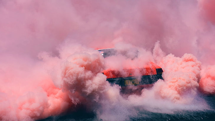 smoke, colored smoke, red cars, pink, smoke - physical structure, HD wallpaper