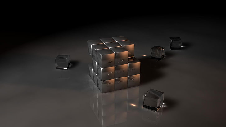 3d, cube, gray, dark, digital art, graphics, ice cube, indoors
