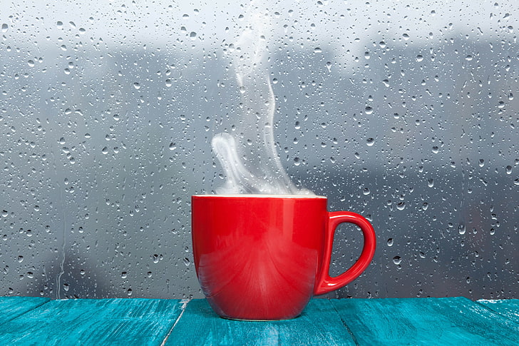 red coffee mug, glass, drops, surface, light, reflection, creative