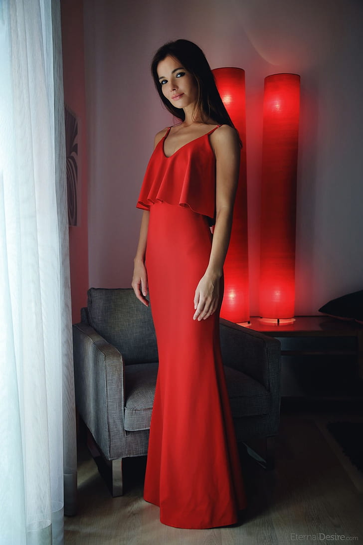 model, women, red dress, bare shoulders, Eternal Desire Magazine, HD wallpaper