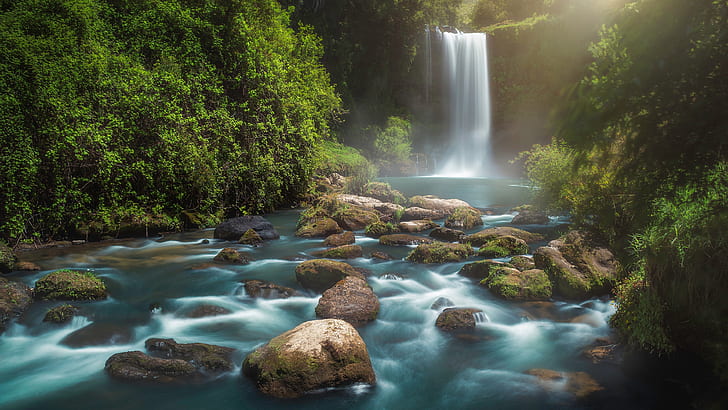 nature, waterfall, river, stones, HD wallpaper