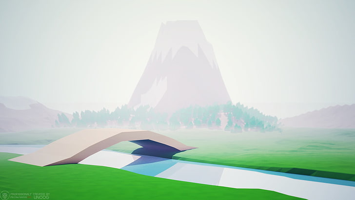 brown mountain and river illustration, low poly, isometric, house