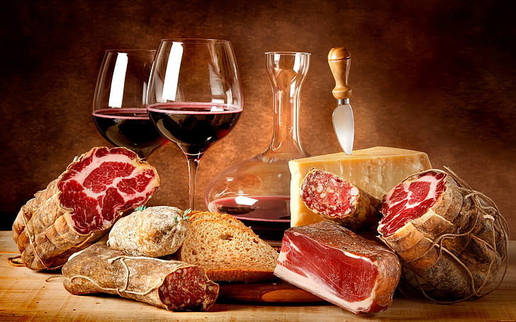 raw meats and wine glasses, cheese, food, food and drink, red wine