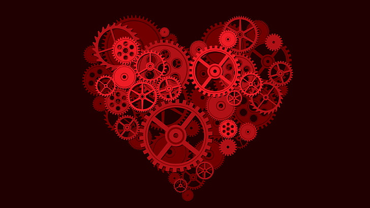 heart, gears, digital art, red background, clockworks, positive emotion, HD wallpaper