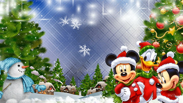 Mickeys Christmas Village, mickey mouse, disney, snowflakes, santa suits, HD wallpaper