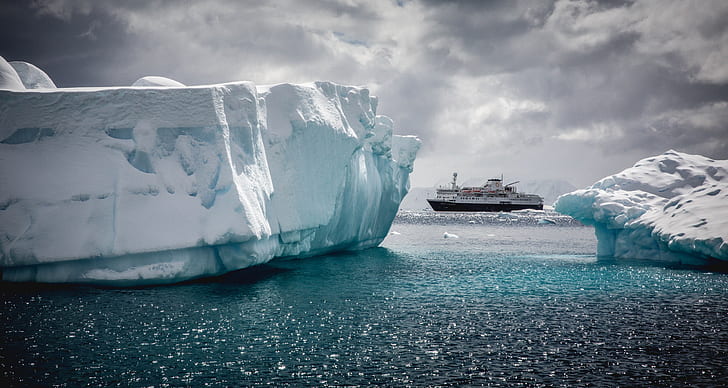 iceberg, Arctic, sea, vehicle, ship, water, clouds, snow, waves