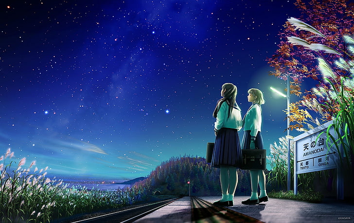 two girls CGI artwork, road, stars, night, nature, sign, anime, HD wallpaper