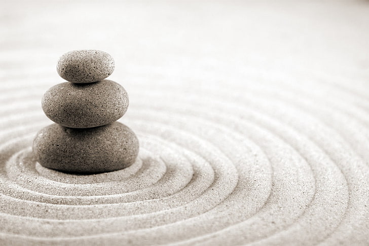 cairn on sand, three brown concrete stones, circle, blurred, depth of field, HD wallpaper