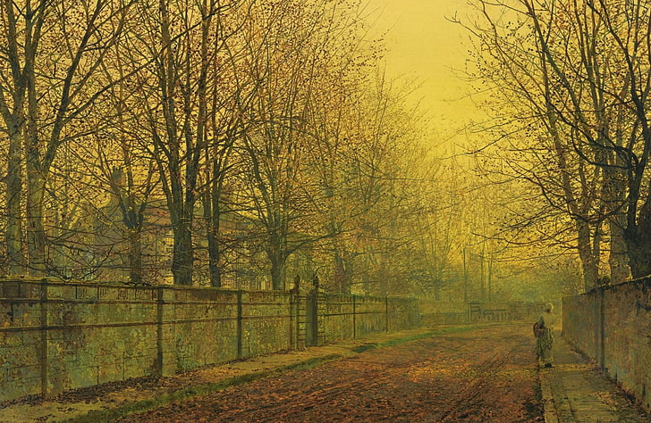 trees, landscape, street, the fence, home, picture, John Atkinson Grimshaw, HD wallpaper