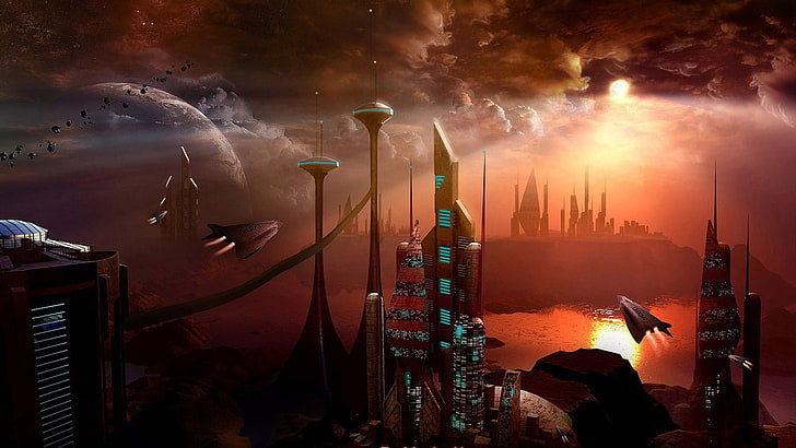 aircraft passing over city structures illustration, space, space art, HD wallpaper