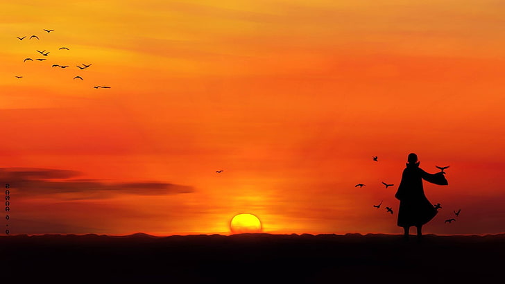 anime, birds, Silhouette, sunset, Uchiha Itachi, orange color