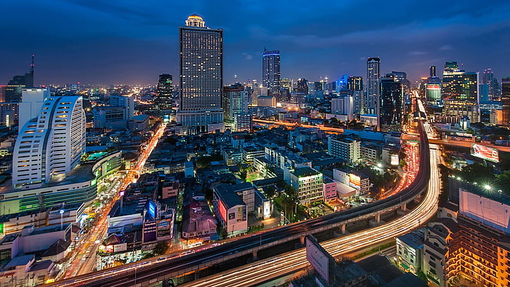 high-rise buildings, cityscape, lights, Bangkok, architecture