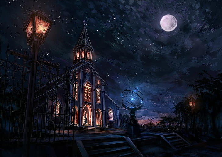 church, painting, night sky