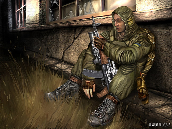military sitting beside wall illustration, stalker, arrows, pripyat