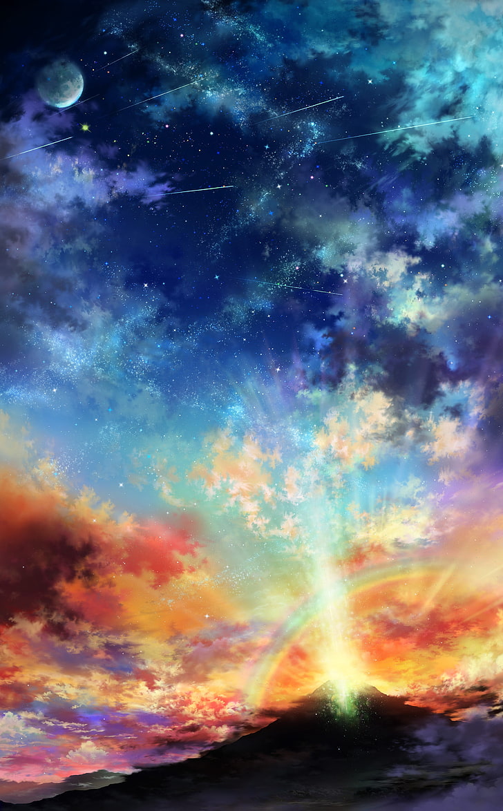 clouds and rainbow illustration, landscape, sky, mountains, sunrise