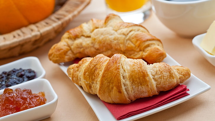 croissant breads, jam, plate, food, breakfast, cup, freshness, HD wallpaper