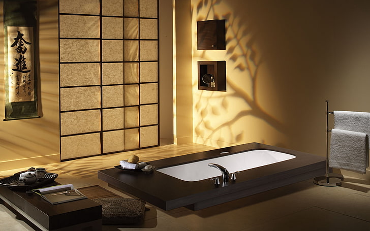 black and white bathtub, room, interior, comfort, bathroom, design, HD wallpaper
