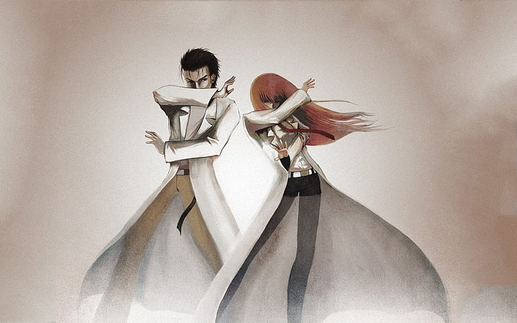 man and woman wearing white top anime character illustration