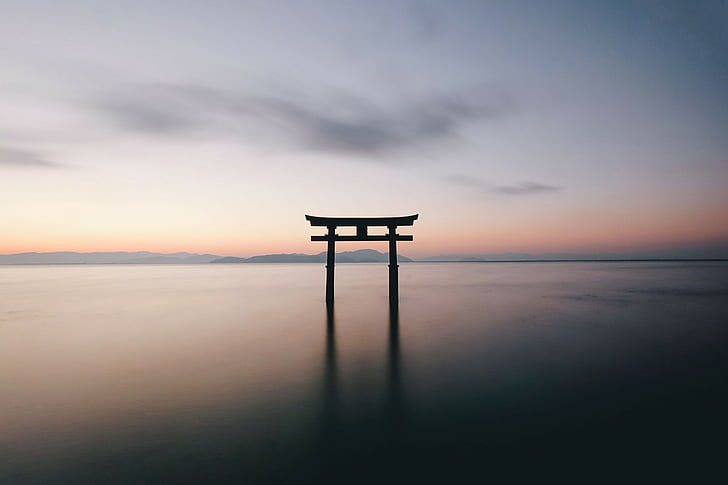 Gates, landscape, Monuments, reflection, sea, Torii, HD wallpaper
