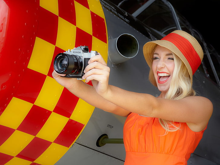 camera, open mouth, women, hat, aircraft, photography themes, HD wallpaper