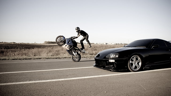 black sports coupe and blue and white sports bike, car, motorcycle