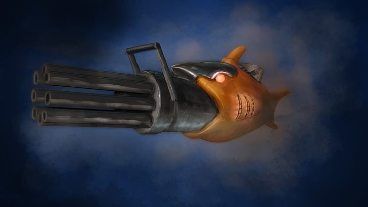orange shark with gun illustration, Terraria, video games, fish
