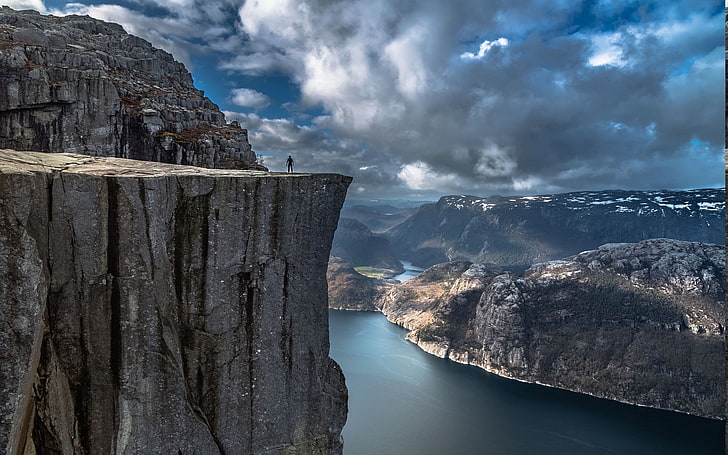 Alone, Calm, cliff, clouds, Europe, Fjord, landscape, mountain, HD wallpaper