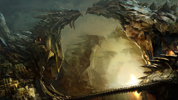 gray dragons figures illustration, Daniel Dociu, Guild Wars 2, HD wallpaper