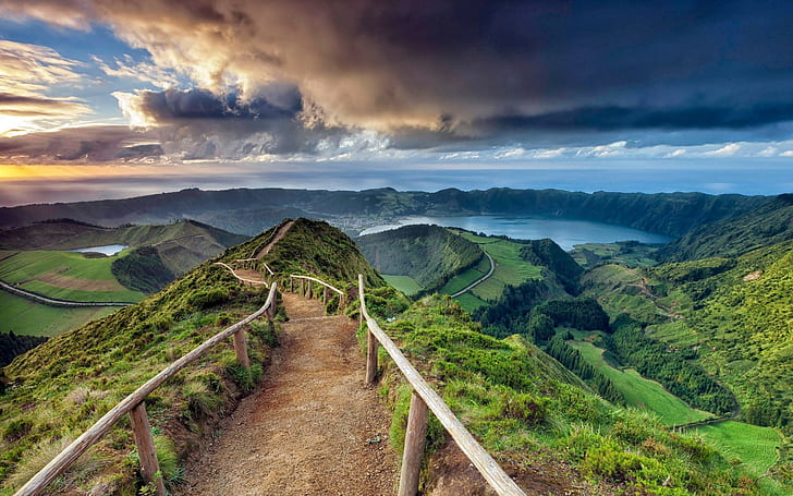water, landscape, path, photography, nature, lake, Azores, sea, HD wallpaper