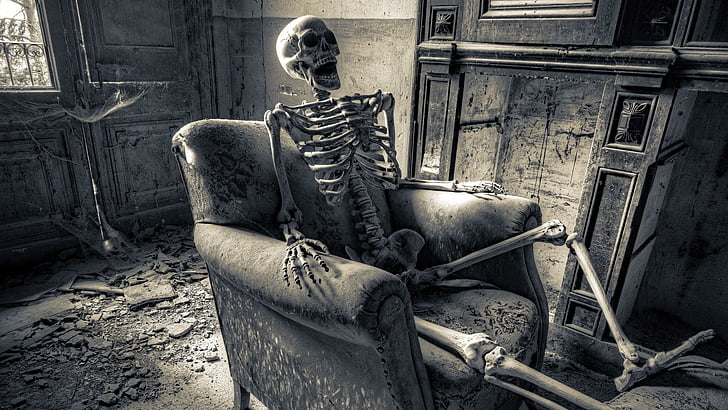 armchair, room, skeleton, bone, halloween, horror, scary, creepy