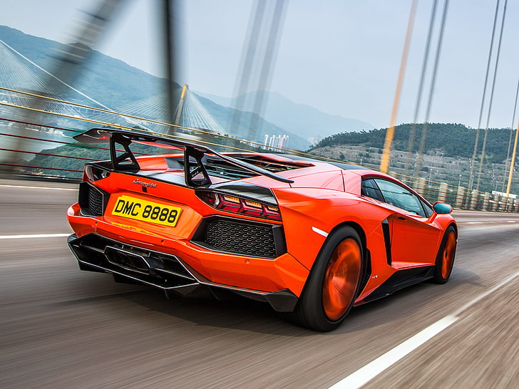 orange Lamborghini Aventador, movement, tuning, rear view, Molto Veloce, HD wallpaper