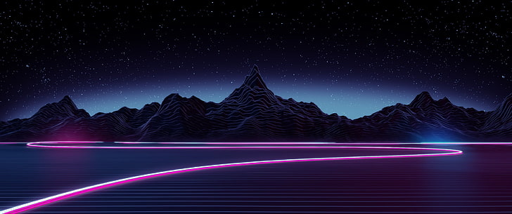 neon, synthwave, digital art, mountains, stars, Retro style, HD wallpaper
