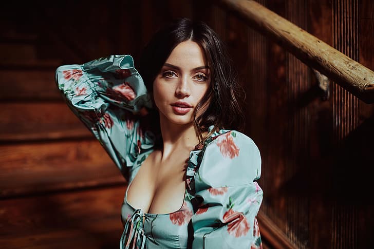 Ana de Armas, actress, looking at viewer, flower dress, cleavage