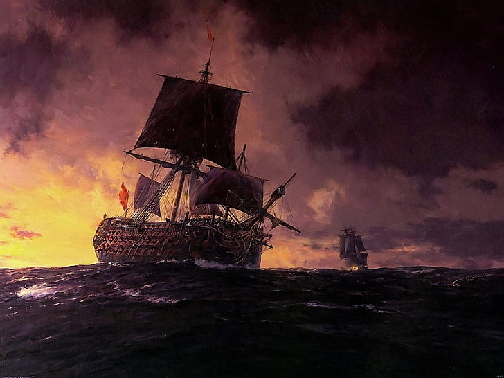 brown sailing ship on body of water painting, artwork, sea, sky, HD wallpaper