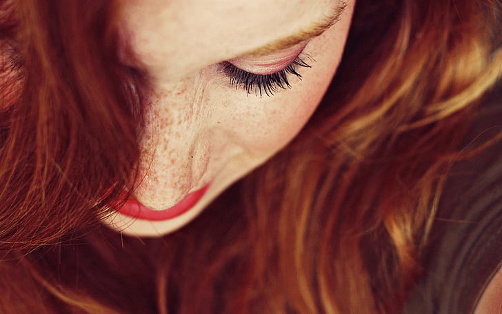 women, redhead, freckles, face, red lipstick, portrait, HD wallpaper