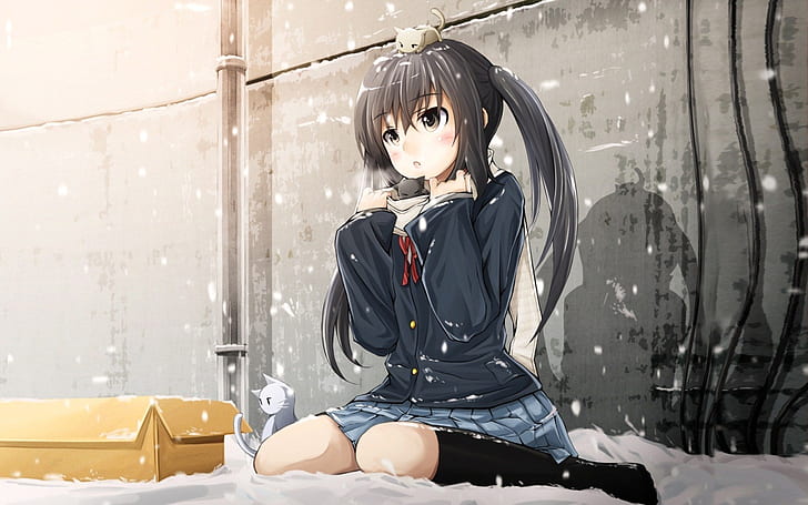 anime, anime girls, black hair, school uniform, winter, HD wallpaper