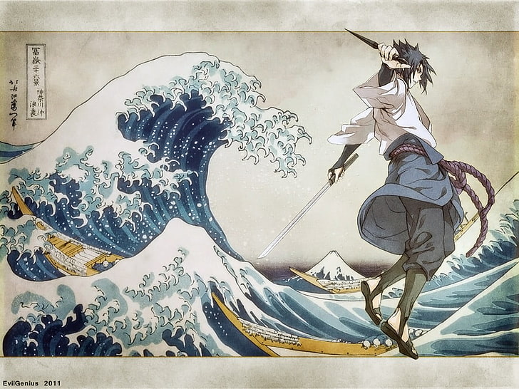 Sasuke digital wallpaper, Naruto Shippuuden, Uchiha Sasuke, The Great Wave off Kanagawa