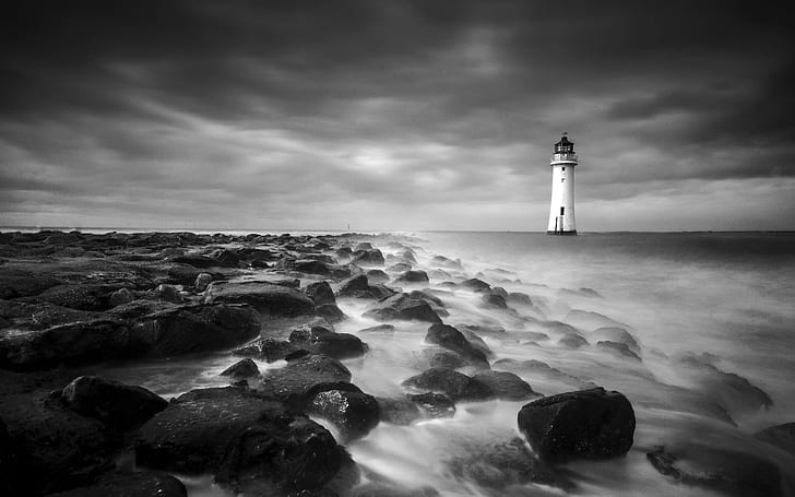 Lighthouse Rocks Stones Ocean BW HD, nature, HD wallpaper