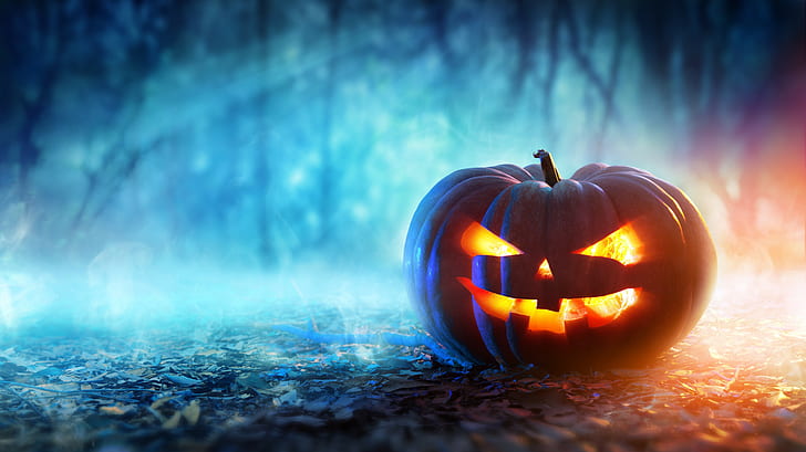 pumpkin, Halloween, depth of field, digital art, Jack O' Lantern, HD wallpaper