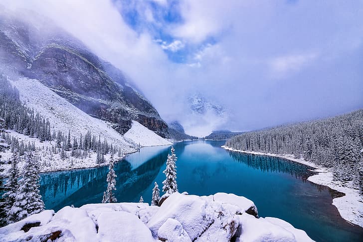 winter, forest, mountains, lake, Canada, Albert, Banff National Park