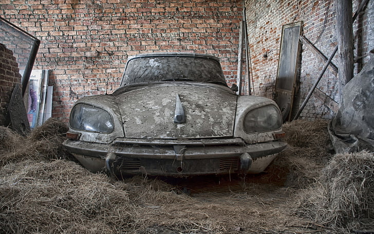 classic gray vehicle, car, old, French Cars, Citroen DS, abandoned